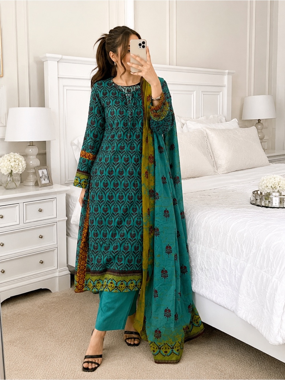 Teal Printed Long Sleeve Kurta Dress with Coordinating Dupatta
